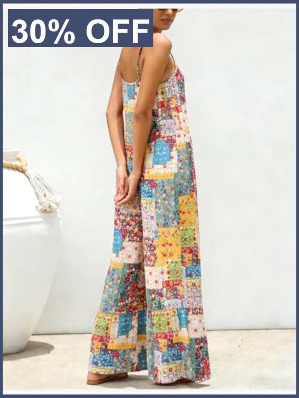 Boho Floral Patchwork Wide Leg Overalls - Sleeveless Romper with Pockets - Picture 4 of 7